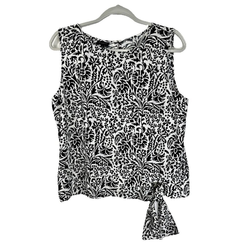 Talbots Wildflower Sleeveless Top Womens Large Black White Floral Side Waist Tie